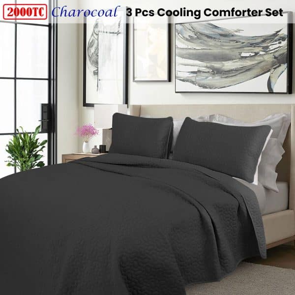Shangri La 2000TC Charcoal Cooling Embroidered 3 Pcs Comforter Set King - Image 2