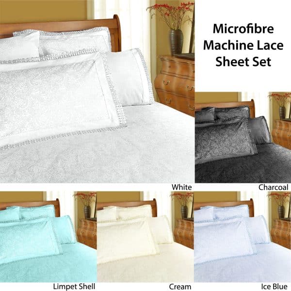 Shangri La Microfibre Machine Lace Sheet Set White King - Image 2