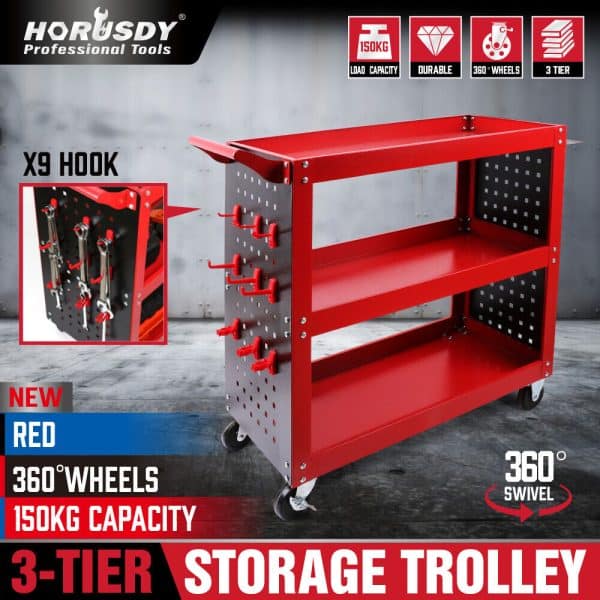 Red 3-Tier Tool Cart Storage Trolley Toolbox Workshop Garage Organiser 150kg Red - Image 2