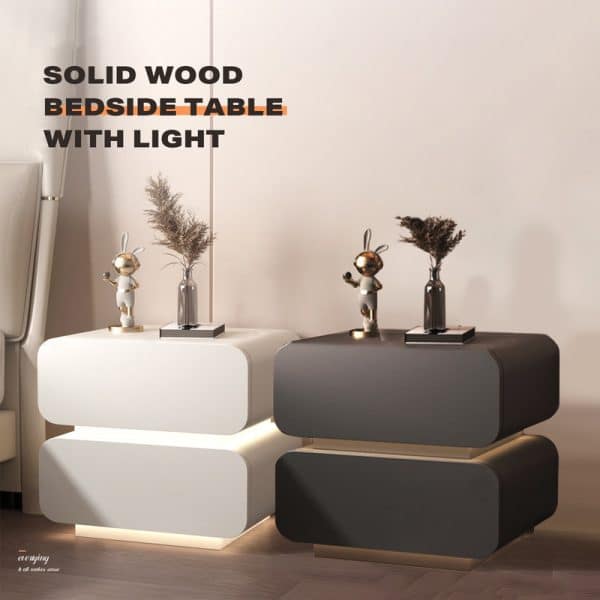 Dark Grey Solid Wood Bedside Table Side Table 2 Drawer Intelligent Induction Light Nightstand Cabinet - Image 2