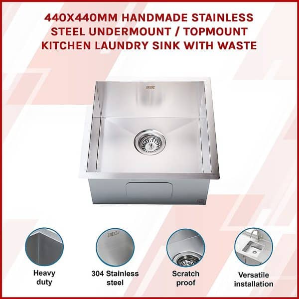 440x440mm Handmade Stainless Steel Undermount / Topmount Kitchen Laundry Sink with Waste - Image 2