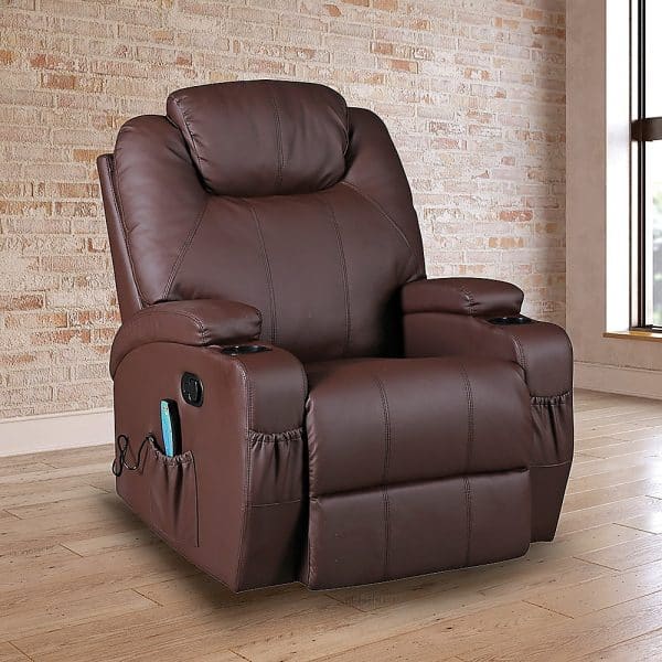 Brown Massage Sofa Chair Recliner 360 Degree Swivel PU Leather Lounge 8 Point Heated - Image 2