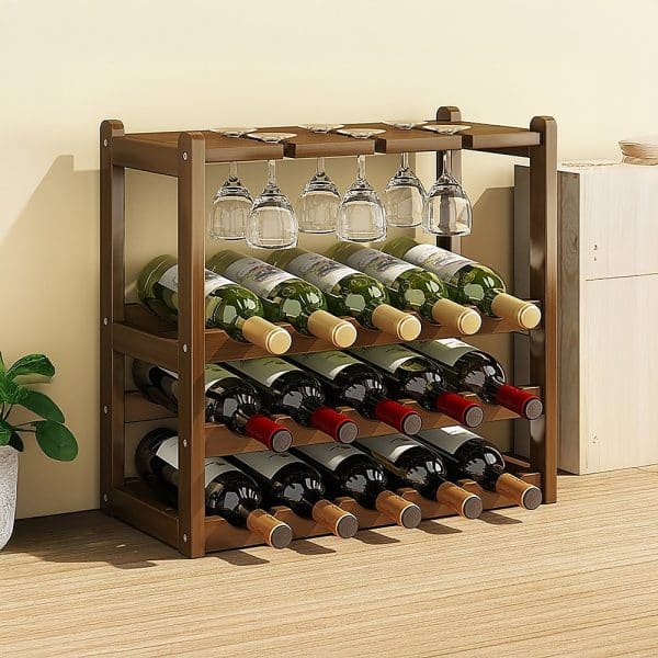 Bamboo Wine Rack Free Standing 15 Bottles with 6 Glasses Holder Storage in Dark Brown - Image 2