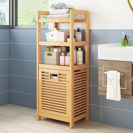 Bamboo 2-in-1 Laundry Hamper Side Table with 2 Shelves and Clothes Basket - Image 2