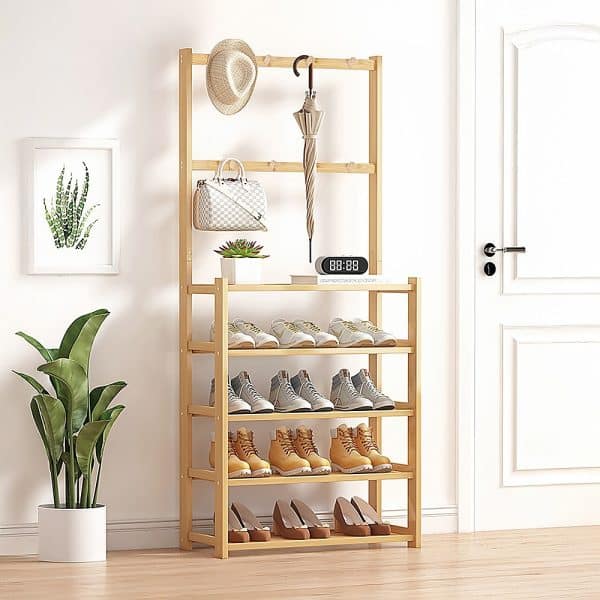 Large Wooden 5 Tiers Hat Coat Stand Clothes Shoe Rack Hanger Hooks Shelf Storage - Image 2