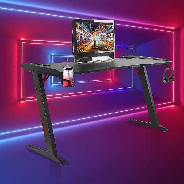 LED Gaming Desk Computer Table with Cup Holder Headphone Hook Cable Hole - Image 2