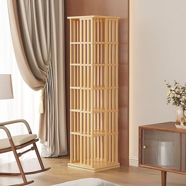 360 Rotating Bookshelf Bamboo Storage Display Rack Shelving in Wood - Image 2