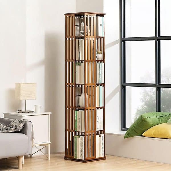360 Rotating Bookshelf Bamboo Storage Display Rack Shelving in Dark Wood - Image 2