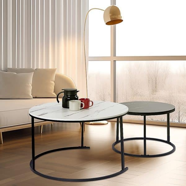 Set of 2 Coffee Table Round Marble Nesting Side End Table Furniture - Image 2