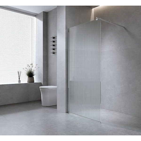 90cm Reeded Single Shower Glass Screen with Gunmetal Wall Channel - Image 2