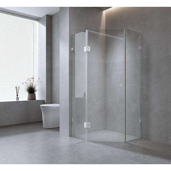 100cm Frameless Diamond Shower Screen with Black Brackets and SS Hinges, Round Handle - Image 2