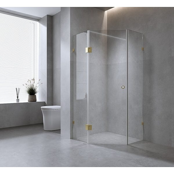 100cm Frameless Diamond Shower Screen with Black Brackets and SS Hinges, Round Handle