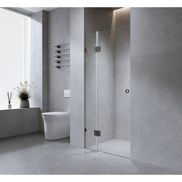 100cm Wall to Wall Frameless Shower Screen with Black Brackets and Brass Hinges, Round Handle - Image 2