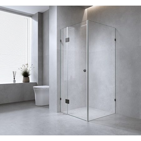 100x80cm Corner Frameless Shower Screen with Black Brackets and Brass Hinges, Round Handle - Image 2