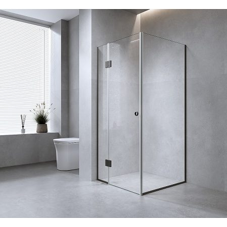 100x80cm Corner Frameless Shower Screen with Black Channel and Brass Hinges, Round Handle - Image 2