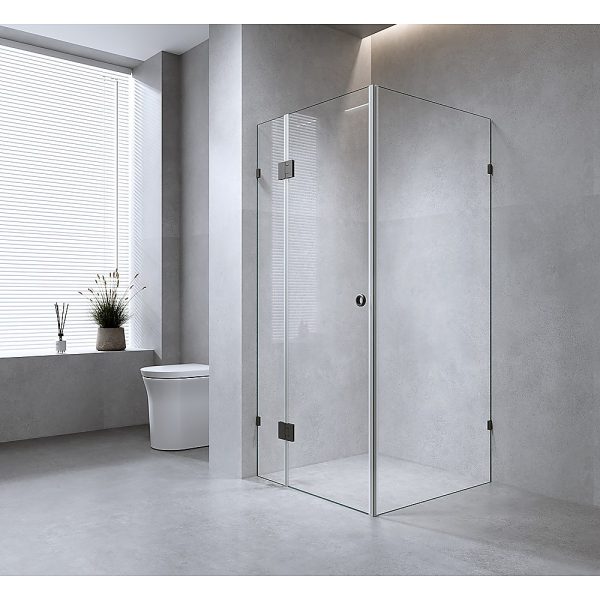 120x120cm Corner Frameless Shower Screen with Black Brackets and Brass Hinges, Round Handle - Image 2