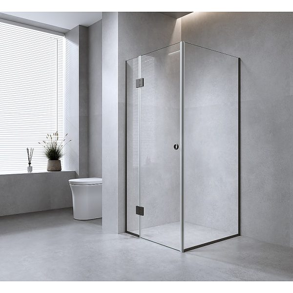 120x120cm Corner Frameless Shower Screen with Black Channel and Brass Hinges, Round Handle - Image 2