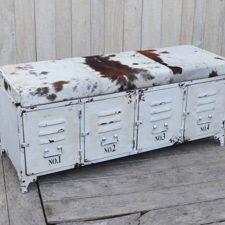 COWHIDE IRON LOCKER BENCH