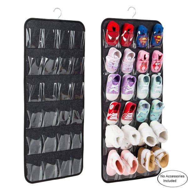 Grey Hanging Felt Shoe Organizer with 24 Clear Pockets - Anti-Rust Metal Hanger Included, Perfect for Shoes, Toys, and Accessories - Image 2