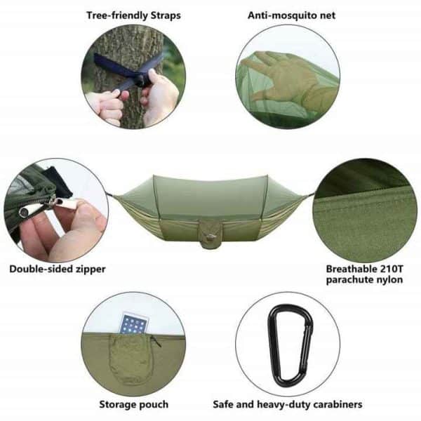 Turquoise Automatic Pop-Up Mosquito Net Hammock - 200kg Load Capacity, Lightweight Outdoor Camping Gear with Quick Setup and Durable Design - Image 2