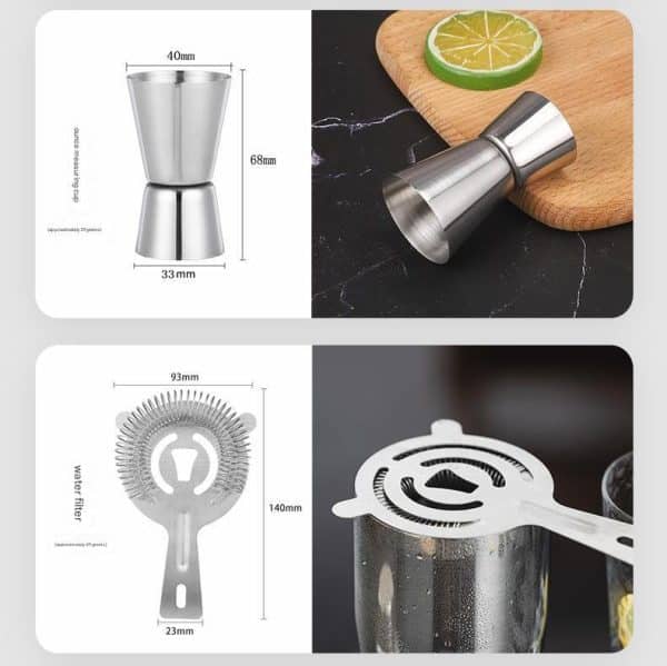 350ML 7-Piece Stainless Steel Cocktail Shaker Set with Bamboo Stand - Bartender Kit - Image 2