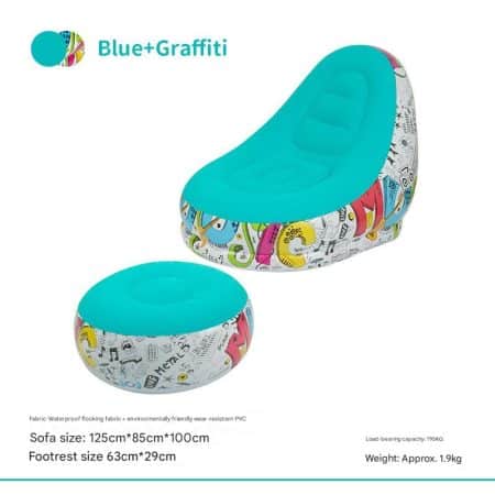 Blue Graffiti Portable Inflatable Sofa Chair with Ottoman - Waterproof Flocked Lazy Sofa for Camping and Home Use