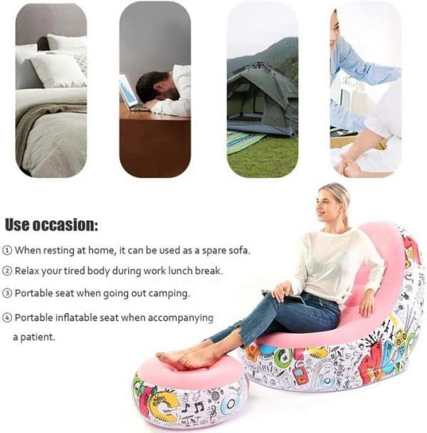 Purple And Black Patchwork Portable Inflatable Sofa Chair with Ottoman - Waterproof Flocked Lazy Sofa for Camping and Home Use - Image 2