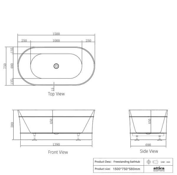 1500/1700*750/800*580mm INS OTTI Bondi Matt/Gloss White Oval Acrylic Freestanding Bathtub - Image 2