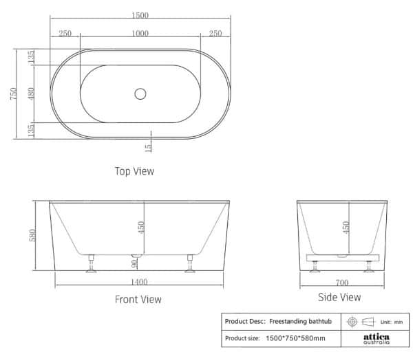 1500/1700*750/800*580mm INS OTTI Noosa Gloss/Matt White Oval Acrylic Freestanding Bathtub - Image 2