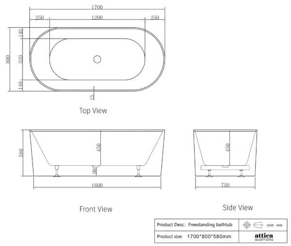 1500/1700*750/800*580mm INS OTTI Noosa Gloss/Matt White Oval Acrylic Freestanding Bathtub - Image 2