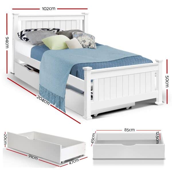 Artiss Bed Frame Single Size Wooden with 2 Drawers White RIO - Image 2