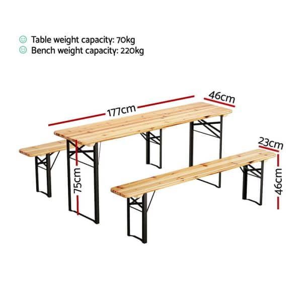 Gardeon 3 PCS Outdoor Furniture Dining Set Lounge Setting Patio Wooden Bench - Image 2